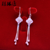 陈银匠990足银耳环女款 玫瑰花耳坠时尚富贵花开耳吊流苏银耳环银耳勾耳饰