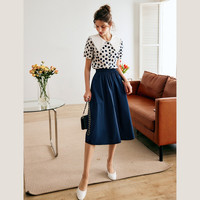 Olrain欧芮儿赫本风半身裙女夏季高腰时尚复古中长a字伞摆裙 蓝色 155/64A/S