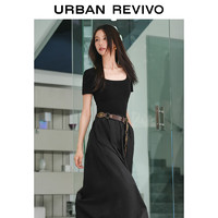 URBAN REVIVO UR2024夏季新款女装简约拼接梭织修身长款A型连衣裙UWG740038 正黑 S