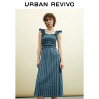 URBAN REVIVO UR2024夏季新款女甜美少女条纹木耳边中长款连衣裙UWL740046 蓝色格子 S