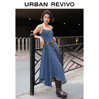 URBAN REVIVO UR2024夏季新款女装复古一字领收腰吊带牛仔连衣裙UWG840127 蓝色 S