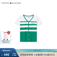 TOMMY HILFIGER24春夏童装女甜美荷叶边刺绣撞色条纹短袖上衣TH2422714 绿白条纹658 6/120cm