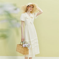 范思蓝恩 法式甜美连衣裙女夏季新款天丝气质V领长裙 米色 S 23FS12350