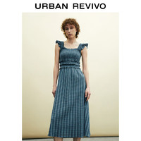 URBAN REVIVO 女士甜美少女条纹木耳边中长款连衣裙 UWL740046 蓝色格子 XL