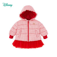 迪士尼(Disney)童装 女童夹棉外套网纱裙摆连帽上衣冬季米妮印花棉服红格7岁/身高140cm