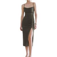 URBAN REVIVO 女士摩登褶皱垂感荡领吊带连衣裙 UWG740116 深棕绿 S