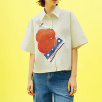 URBAN REVIVO 女创意印花宽松短袖衬衫UWU240055 粉白 XS