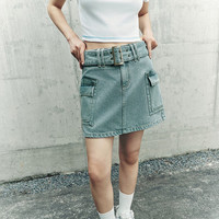 URBAN REVIVO 女装玩味街头口袋双排腰带牛仔半裙 UWL840127 蓝色 S
