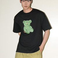 URBAN REVIVO 男装休闲趣味刺绣图案圆领短袖T恤UL440097 正黑 M