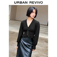 URBAN REVIVO UR2024春季女装灯笼袖修身V领针织衫UWG940019 正黑 M