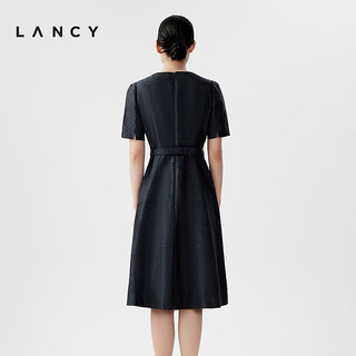 朗姿/LANCY2024夏季黑色提花纹理桑蚕丝a字连衣裙收腰裙子女 暮色藏蓝色2 M