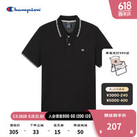 Champion 冠军纯棉短袖T恤24夏季新款美式复古刺绣POLO领情侣上衣 黑色 L