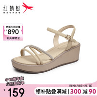 红蜻蜓 凉鞋女2024夏季时尚软底舒适坡跟凉鞋 WFK24144杏色39
