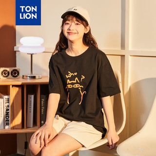 唐狮 TONLION短袖T恤女2024夏季新款前胸印花圆领 黑色