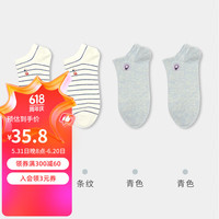 健将女士袜子全棉透气不掉跟短袜防滑夏季薄款可爱日系船袜夏季 条纹*2+青色*2 均码