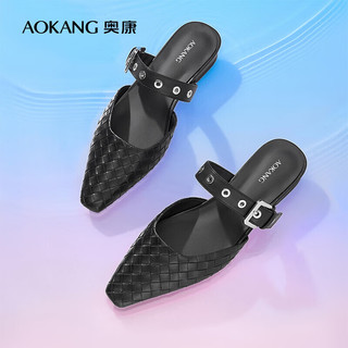 奥康（Aokang）女鞋 2024夏季时尚织包头拖鞋一字皮带扣低跟百搭凉鞋 1244711032黑色 35