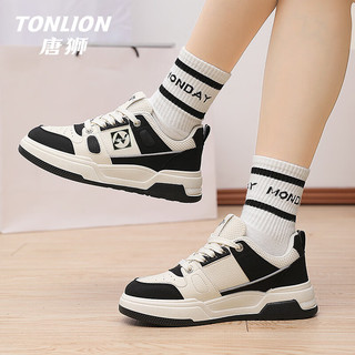 唐狮（TonLion）女鞋夏季厚底鞋子女百搭板鞋女士增高运动黑白熊猫鞋 米黑 36码 