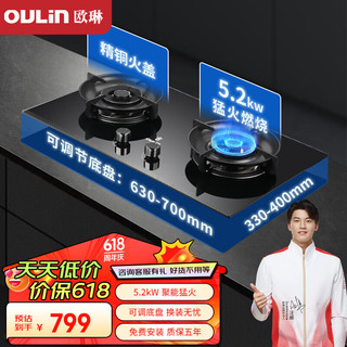 OULIN 欧琳 燃气灶煤气灶双灶家用 天然气双灶具5.2KW大火力加厚钢化玻璃面板聚能盘燃气灶E3005B