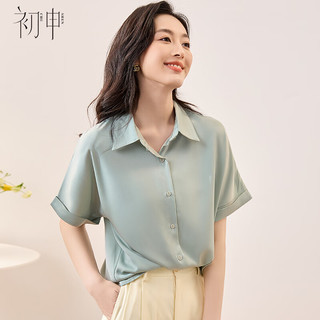 初申夏季短袖衬衫女设计感小众垂感复古港味休闲通勤上衣S13JC1805 绿色