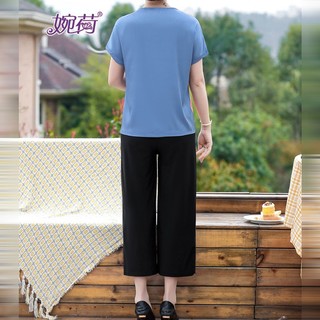 婉荷中年夏装两件套中老年时尚短袖阔腿裤套装夏季宽松四五十岁 蓝色-套装 XL(100-115斤)