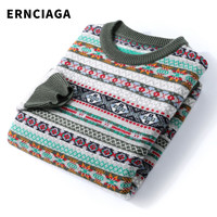 ERNCIAGA 羊绒衫男100纯羊绒圆领提花针织衫加厚冬季时尚青年毛衣潮 军绿 175/XL (适合135斤-150斤)