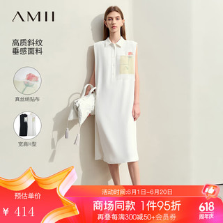 AMII2024夏翻领艺术感印花贴布无袖连衣裙女宽肩H型衬衫裙12442196