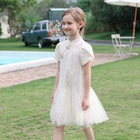 Disney 迪士尼 女童裙子夏装新中式国风连衣裙2024新款儿童气质复古公主裙
