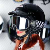 BEASLEY HELMETS复古半盔女男比斯力头盔巡航机车日式半盔玻璃钢电动车头盔夏季 60S亮黑+黑白格风镜 XS（头围53~54）