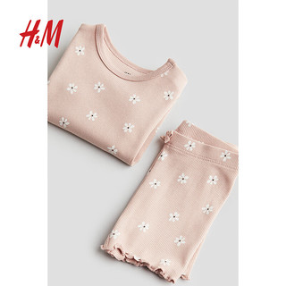 H&M童装女婴幼童2件式2024夏季休闲舒适罗纹棉质套装1147423 浅粉色/花卉 90/48