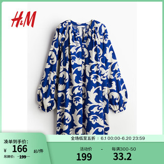 H&M2024夏季女装时尚休闲百搭宽松裙衫式连衣裙1241462 亮蓝色/图案 155/80 XS