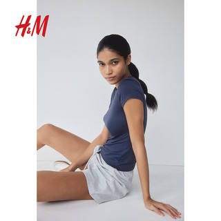 H&M2024夏季女装时尚休闲百搭柔软汗布修身T恤1142908 海军蓝 160/88 S