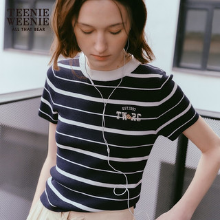 Teenie Weenie小熊女装2024夏装时髦条纹撞色圆领罗纹短袖毛衣
