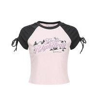 URBAN REVIVO 女装街头风撞色抽绳插肩做旧印花T恤UWL440185