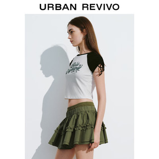 URBAN REVIVO 女装街头风撞色抽绳插肩做旧印花T恤UWL440185 本白 XL