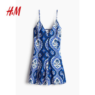 H&M女士2024夏季连衣裙无袖V领A字短款吊带裙1233207 亮蓝色/图案 160/88