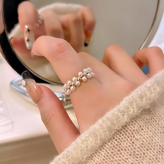 Trendolla 法式简约小众素圈戒指个性复古潮流珍珠指环设计感轻奢食指戒
