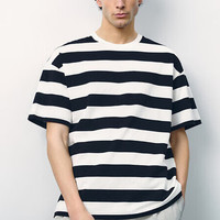 URBAN REVIVO 男装时尚宽松休闲撞色条纹短袖T恤 UF440070 黑色条纹 L