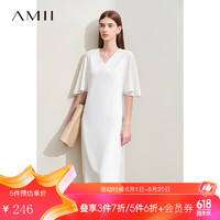 AMII2024夏V领荷叶袖喇叭袖连衣裙女修身显瘦垂感雪纺裙子12442140 米白 170/92A/XL