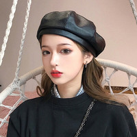 HAUTTON 皓顿(HAUTTON)贝雷帽女韩版女士帽子春秋季休闲时尚皮帽子女网红画家前进帽秋冬八角帽 9493MZ061 黑色 均码