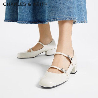 CHARLES&KEITH24夏季复古粗跟法式玛丽珍鞋女CK1-60361524 粉白色Chalk 39