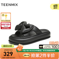 天美意2024夏柔软舒适外穿蝴蝶结休闲一字拖女拖鞋KT057BT4 黑色 40