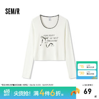 森马（Semir）长袖T恤女短款蝴蝶结字母甜美2024秋季温柔蕾丝紧身上衣 本白10101 175/96A/XXL