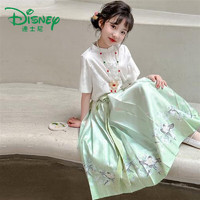 Disney 迪士尼 夏日马面裙穿搭女童套装中国风日常汉服古风夏季短袖薄款唐装汉服 绿色燕子马面裙 120&