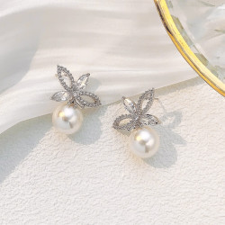 trendolla法式花朵珍珠耳环女小众气质设计感独特耳钉感温柔风锆石