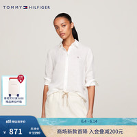 TOMMY HILFIGER24春夏女装舒适亚麻简约小绣标净色休闲宽松衬衫42037 白色YBL 34 （S）