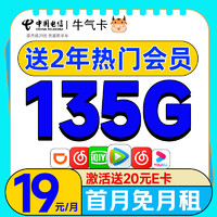 中国电信 牛气卡-19月租-135G流量+送两年热门会员 （激活送40元E卡）