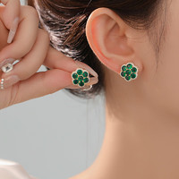 高級感綠色耳環925銀針優雅氣質百搭耳釘輕奢歐美 時尚耳飾 鑲鋯石花朵耳釘-綠色