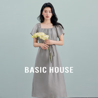 百家好（Basic House）温柔风方领连衣裙法式中长款裙子-B0624B5B162 灰色 S