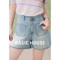 百家好（Basic House）大口袋水洗牛仔短裤女夏季高腰A字阔腿裤显瘦B0624B5U102 蓝色 XL