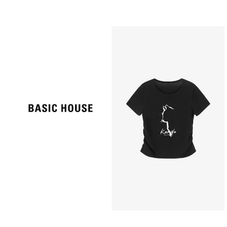 Basic House/百家好时尚休闲夏季黑色印花针织衫-B0624A57082 灰色 S85-105斤